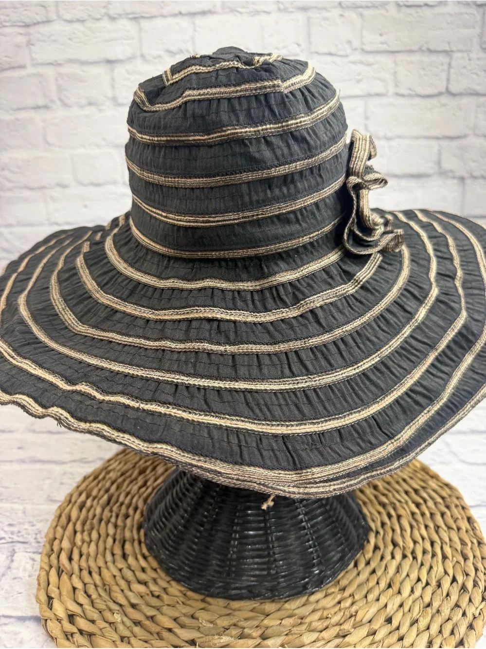 Milani Black Wide-Brim Sun Hat with Tan Stripes and Flower Accent